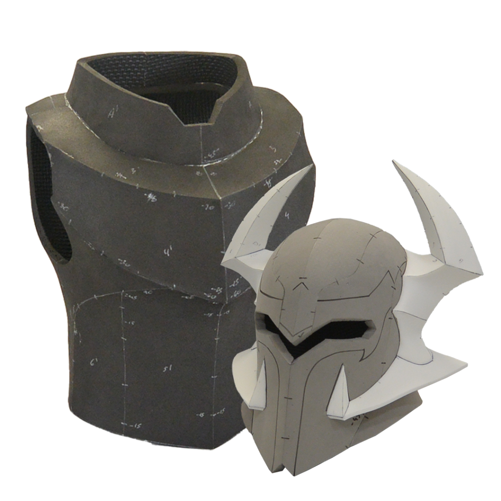 EVA foam made medieval inspired male armor and helmet with full face cover and white ornamental horns