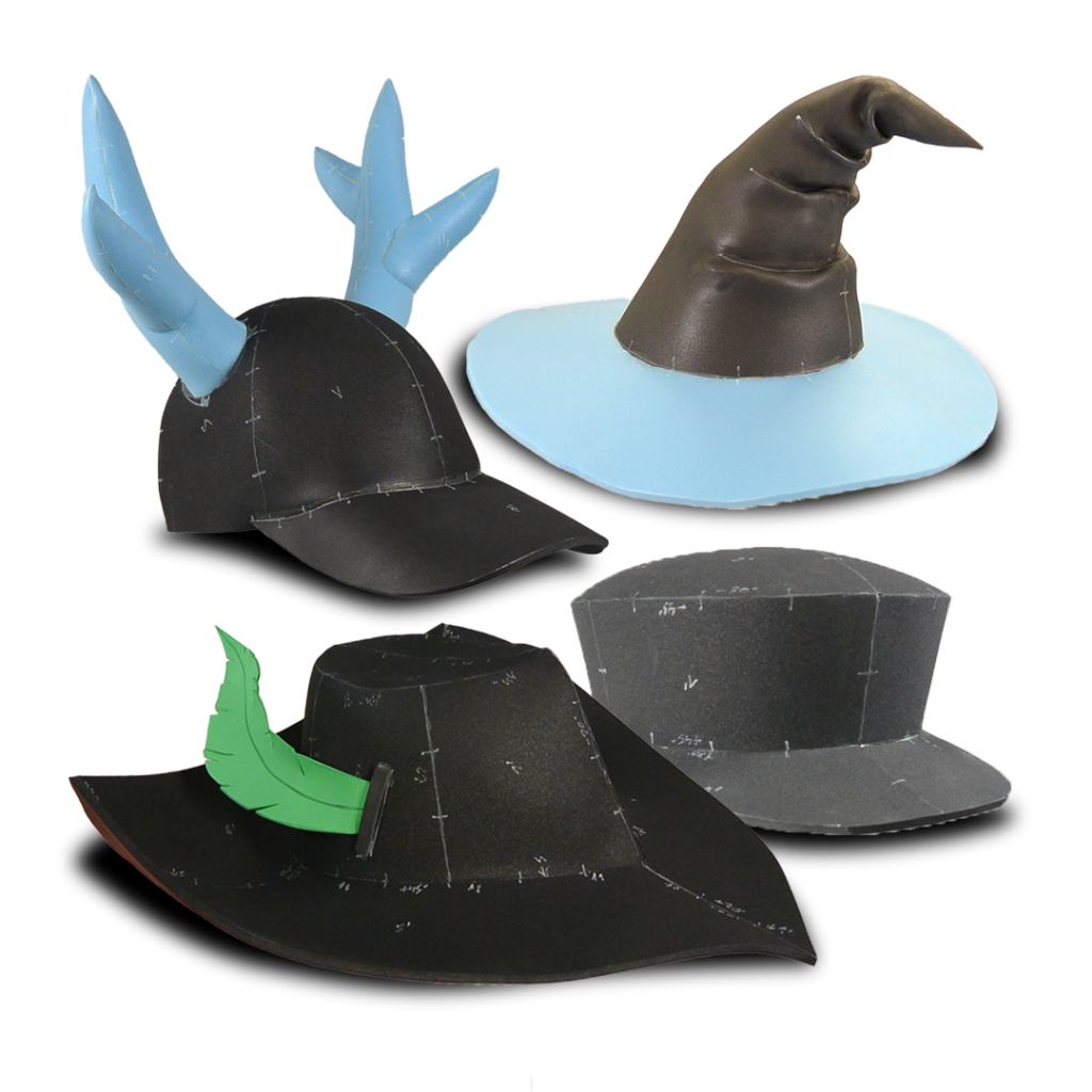 Variouse hats made with EVA foam: wizzard hat, baseball hat with antlers, musketeer and a classic top hat - all cosplay headgear and props