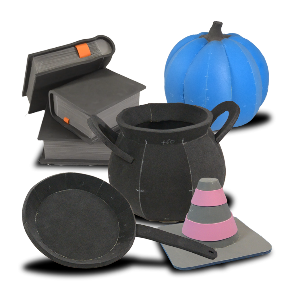 Variouse cosplay props and items made with EVA foam: pumpkin, books, caludron, traffic cone and frying pan - all made with EVA foam