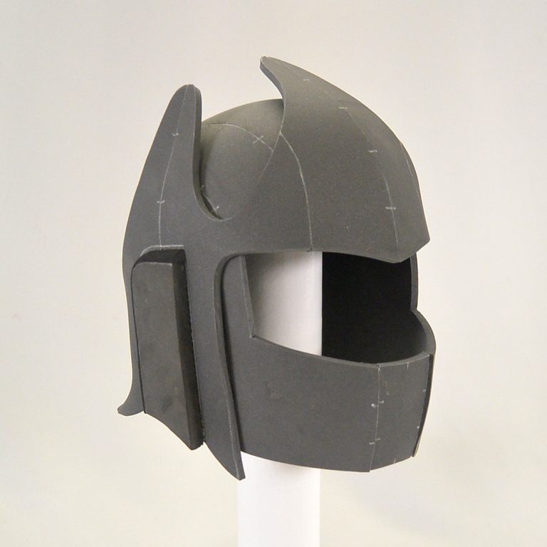 Battle like simple helmet with large face opening and ornamental details, made with grey EVA foam - cosplay headgear