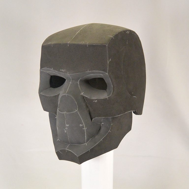 Skull-like cosplay helmet made with grey EVA foam