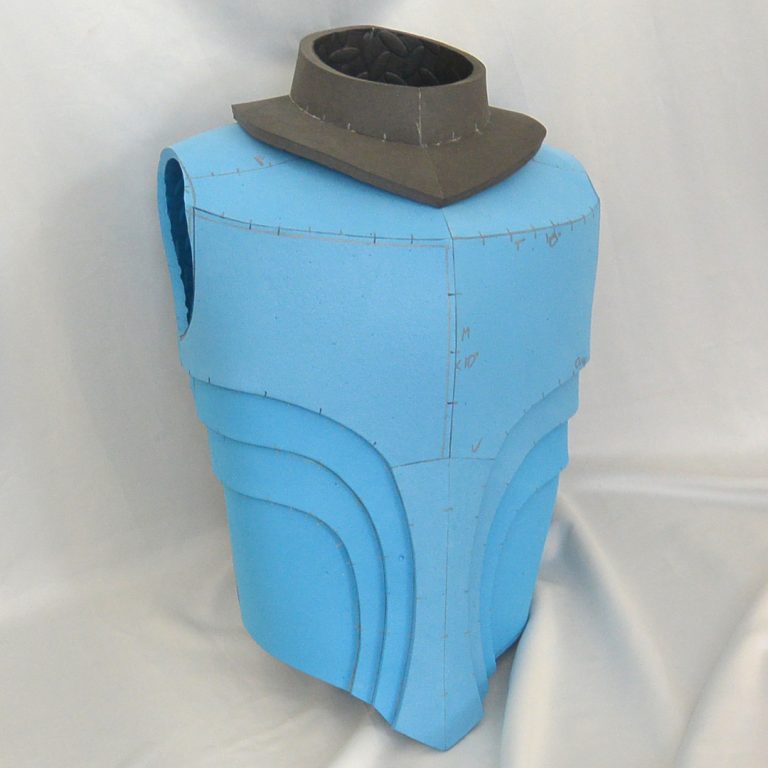 Fantasy inspired chest armor with complex panelling and ornamental steps, made in blue EVA foam - cosplay prop
